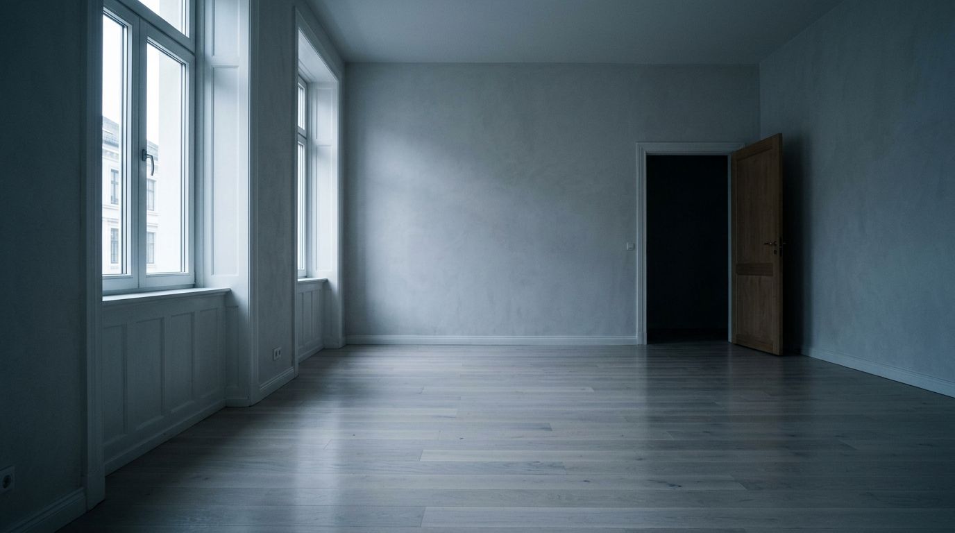 Leerer Wohnraum mit großen Fenstern im kühlen Tageslicht